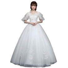 Cheap Wedding Gowns 2019 Bride Use Pregnant Wedding Party Dress V-neck Lace Design Puff Sleeves Ivory Bridal wedding Dress Gowns